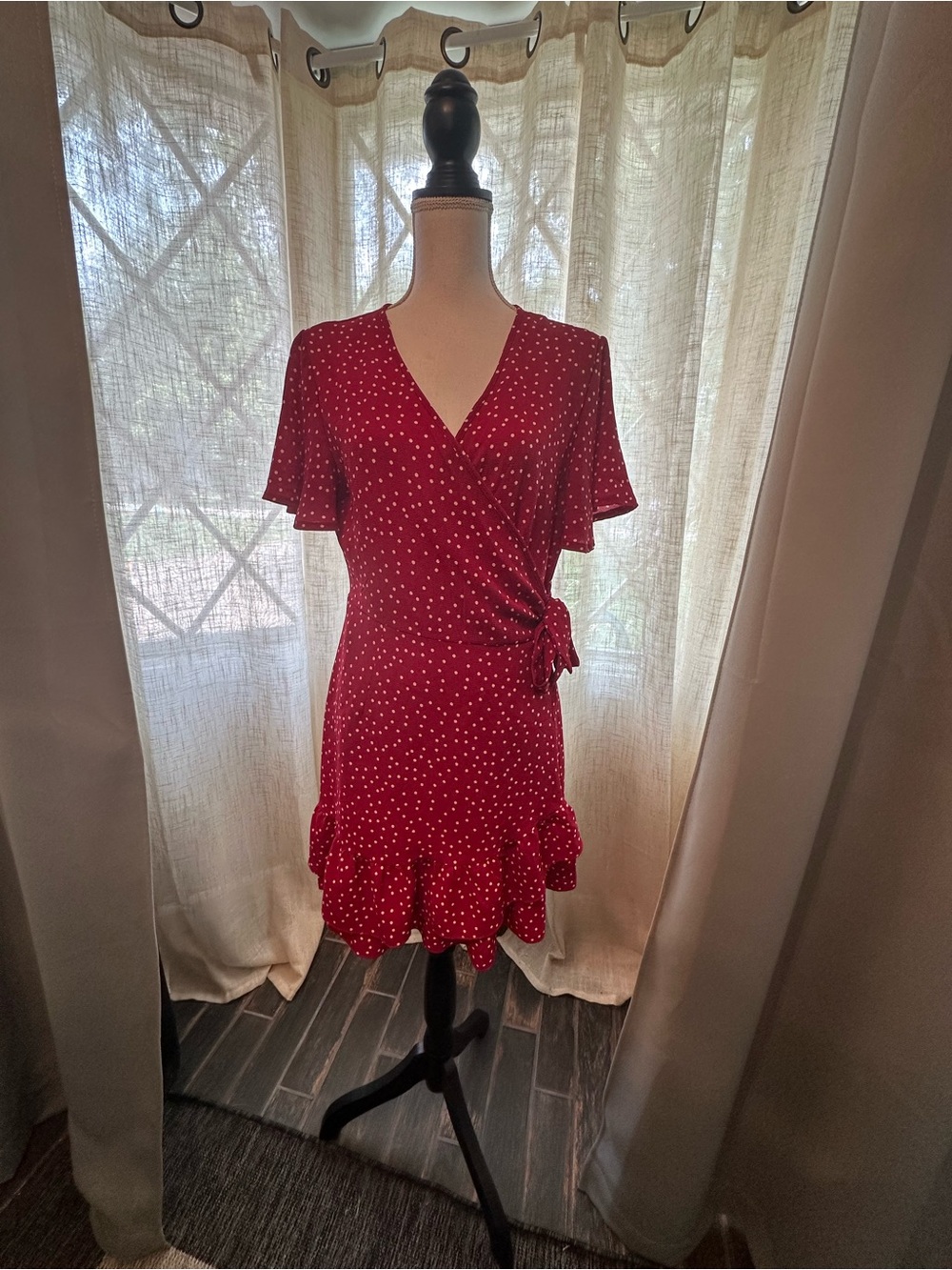 Red Polka Dot Wrap Dress with Ruffle Hem
